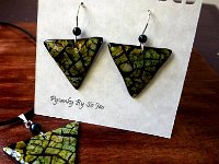 Green Triangles Earrings and Pendant Eggshell Mosaic Jewelry by So Jeo : Pysanky pysanka ukrainian easter egg batik art eggshell jewelry pendants earrings drop dangle etched flowers gift women accessories accessory pendant necklace bail crystal finding sterling silver filled sojeo flowers celtic purple white red pink brown green purple orange cream burgundy magenta teal turqoise crows crow blue black so jeo art handmade Eggshell mosaic bracelet stretch wood polymer clay alcohol ink